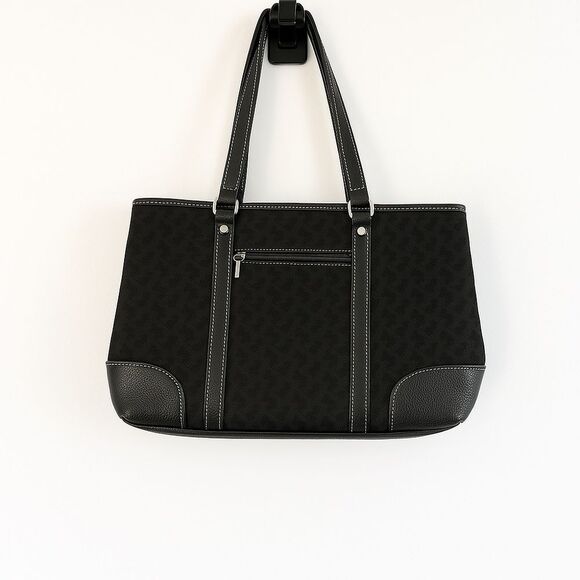 NY & Co Black‎ Monogram Tote Bag Leather Trim Contrast Stitch Shoulder Purse - Picture 1 of 12